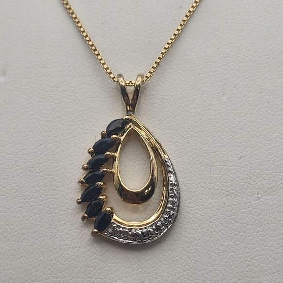 Vintage Ross Simons Gold Plated Sterling Silver, Sapphire, & Diamond Necklace - Picture 2 of 5